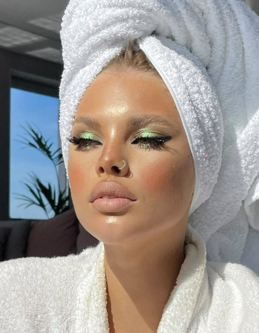 Sheer pastel lavender eyeshadow with natural-looking skin