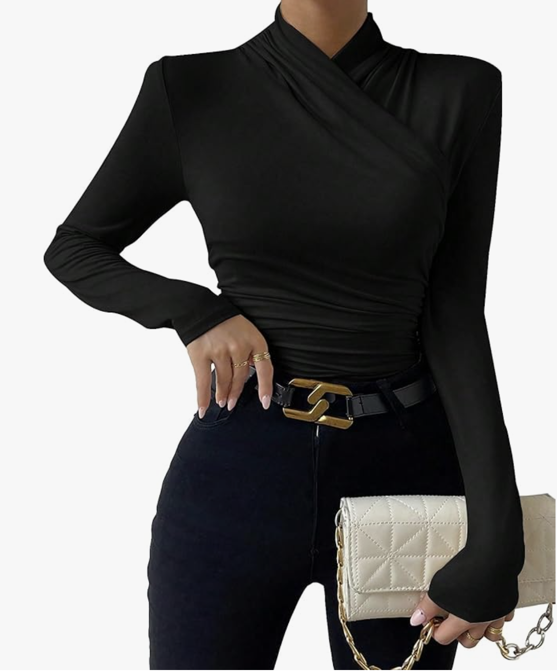 Ruched Mock Neck Long Sleeve T Shirt