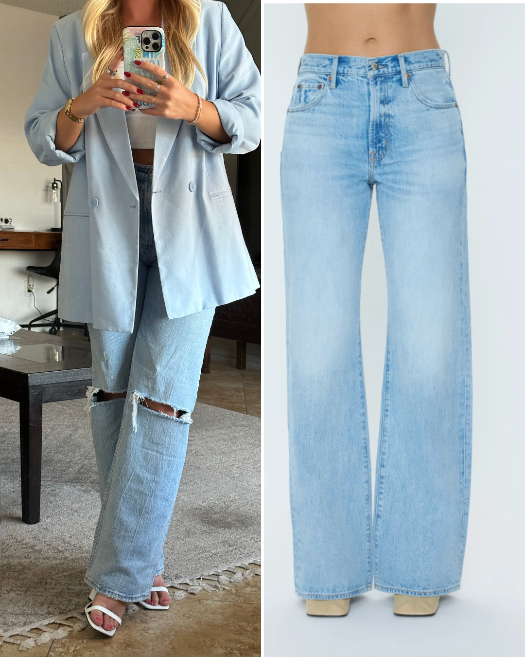 Split view of an editor-recommended outfit featuring light wash distressed straight-leg jeans with a blazer and the rear view of dark wash wide-leg jeans that lift and shape a flat bottom.