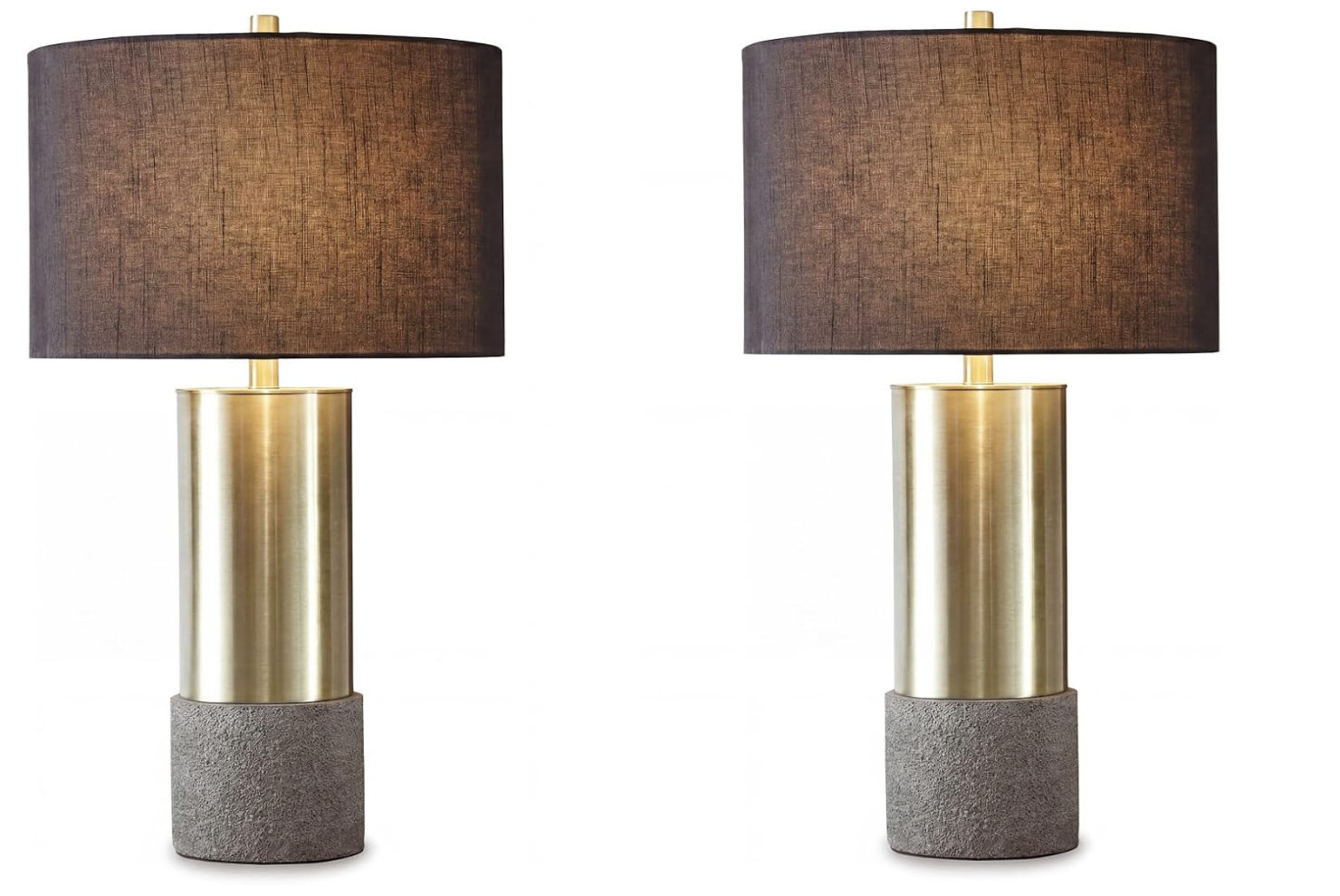 A modern cylindrical brass and grey concrete table lamp with a dark charcoal drum lampshade.