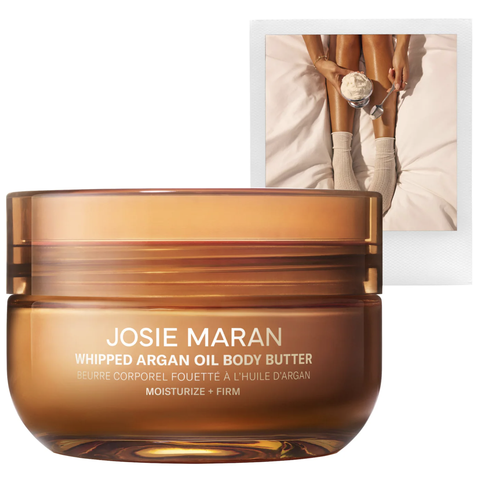 osie Maran Whipped Argan Oil Body Butter in a soft neutral bathroom setting.