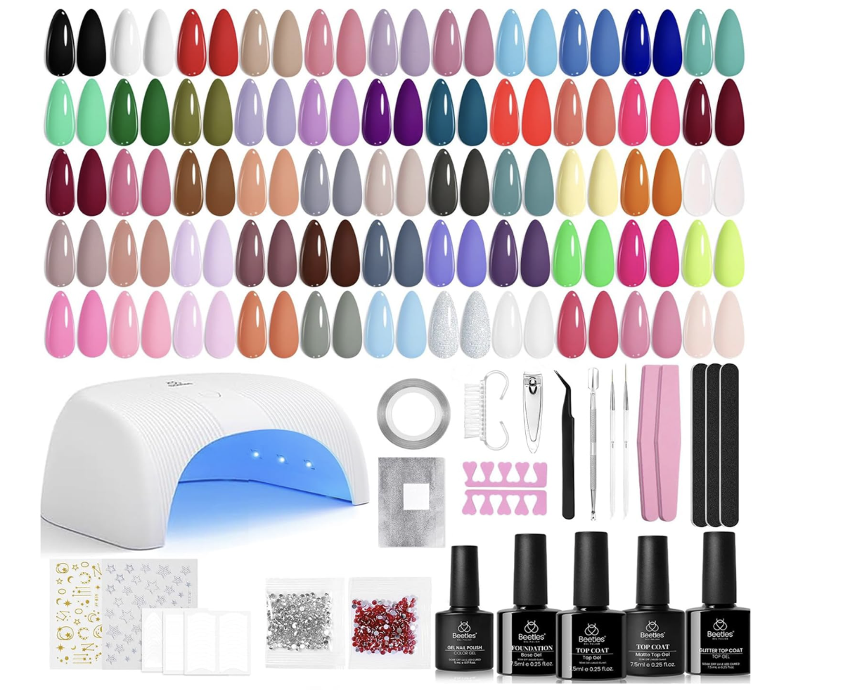 A Beetles 80-piece gel nail polish starter kit including a 48W UV LED lamp, 55 gel colors, base coat, top coat, and nail art accessories.