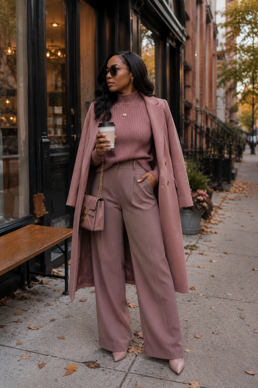Tonal dusty rose and mauve fall outfit