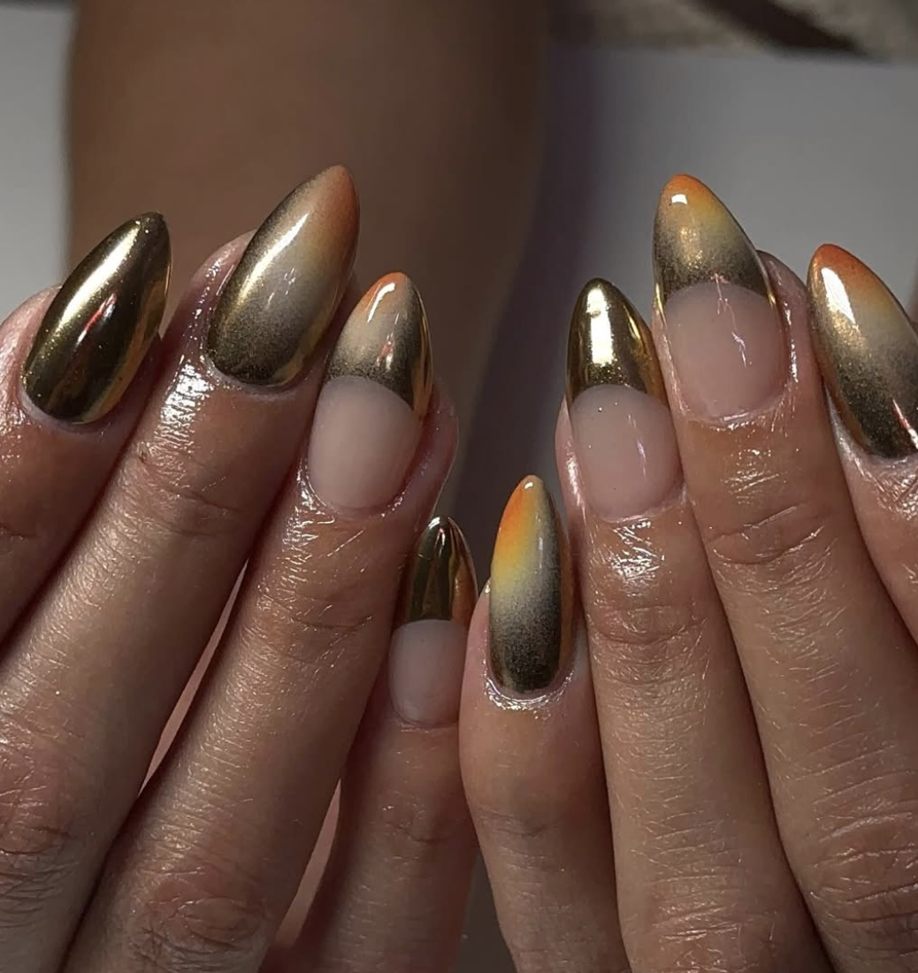 Sunset ombre with espresso tips manicure for the summer-to-fall transition