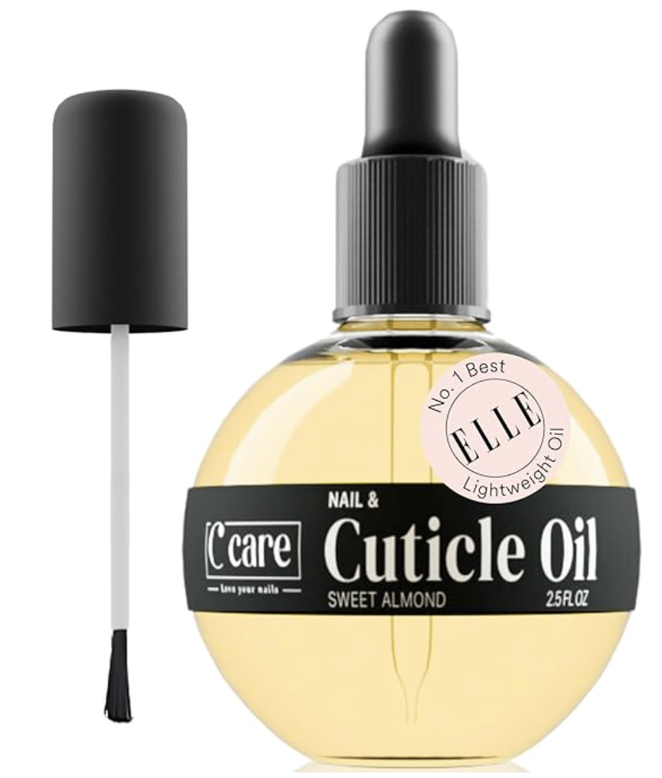 A 2.5 oz bottle of C CARE Sweet Almond Cuticle Oil with a separate dropper and brush applicator on a transparent background.