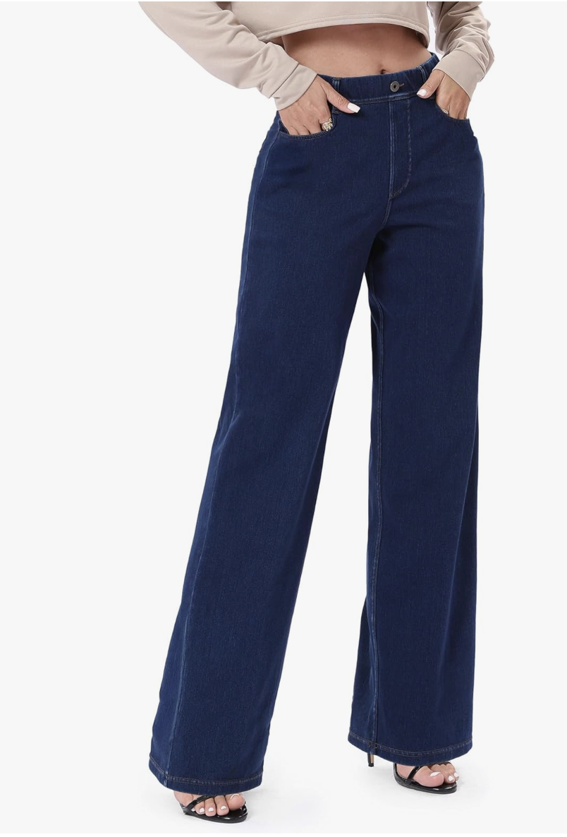 Riders by Lee Waist Smoother straight-leg pull-on jeans in a dark wash, featuring a faux button and zipper for a "real jeans" look with a comfortable tummy-smoothing waistband.