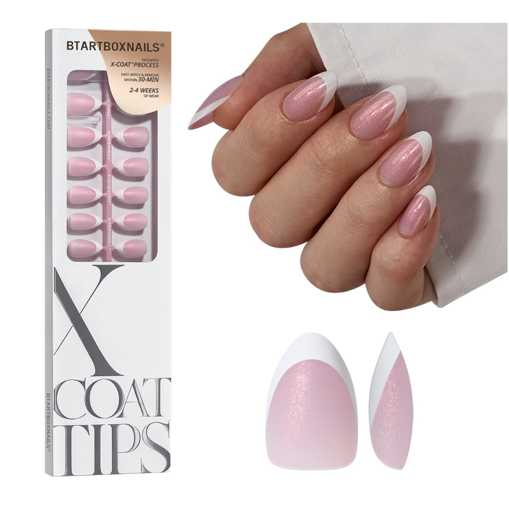 BTArtboxnails XCOATTIPS short almond French tip press-on nails with a pink glitter base, shown in the box and on a hand.