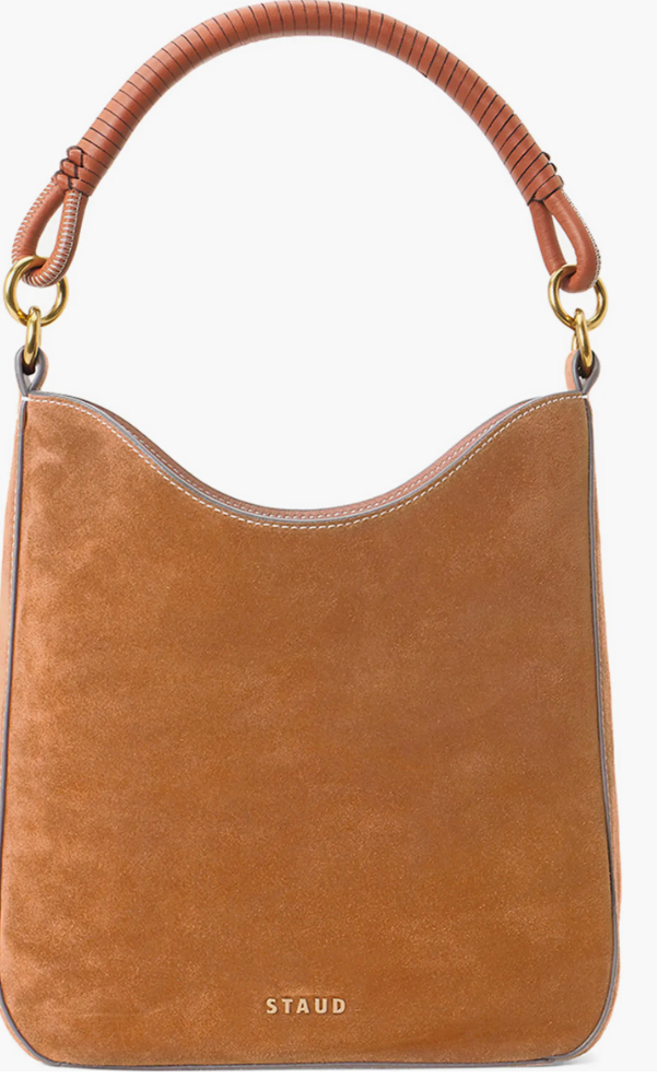 STAUD Mel suede shoulder bag with a sleek, structured shape.