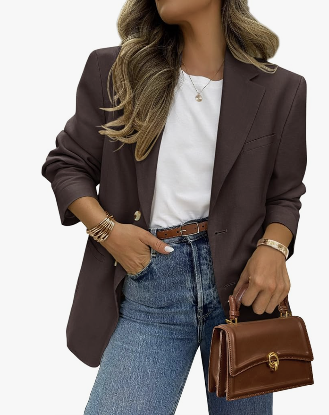 A professional business casual outfit with sneakers featuring a chocolate brown oversized blazer, white t-shirt, and straight-leg denim.