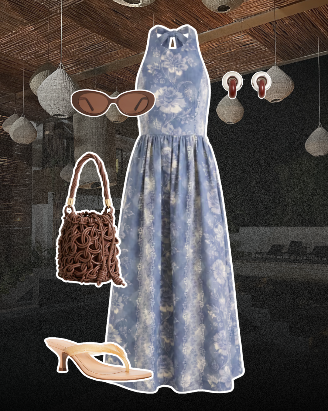 Editorial fashion flat lay of a women’s cruise elegant outfit featuring a blue and white floral midi dress, brown woven bucket bag, tortoiseshell sunglasses, and nude kitten heel sandals.