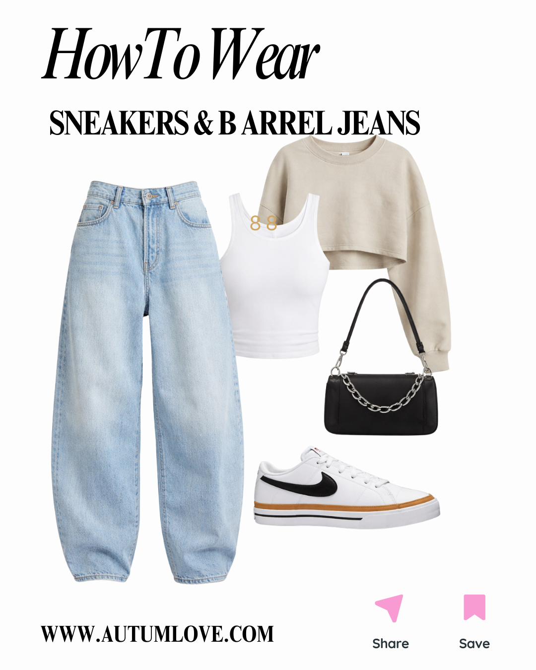 An outfit collage for barrel jeans featuring light-wash curved denim, a white cropped tank top, a beige cropped sweatshirt, a black shoulder bag, and Nike Court sneakers.