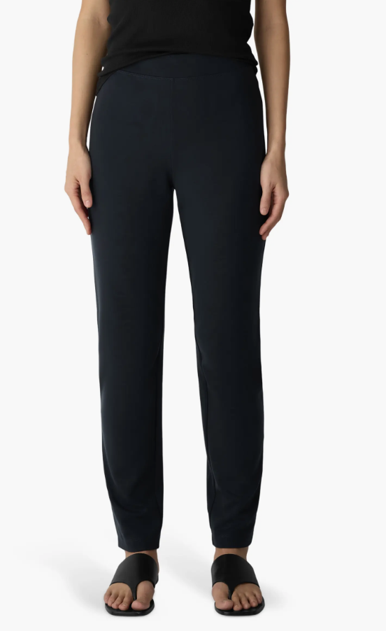 Comfortable navy ponte pants styled with a cream knit and olive quilted jacket for fall.
