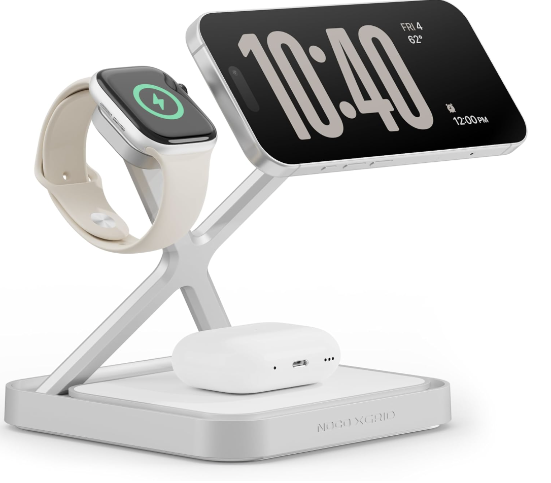 Multi-device charging station organizing a phone, watch and earbuds
