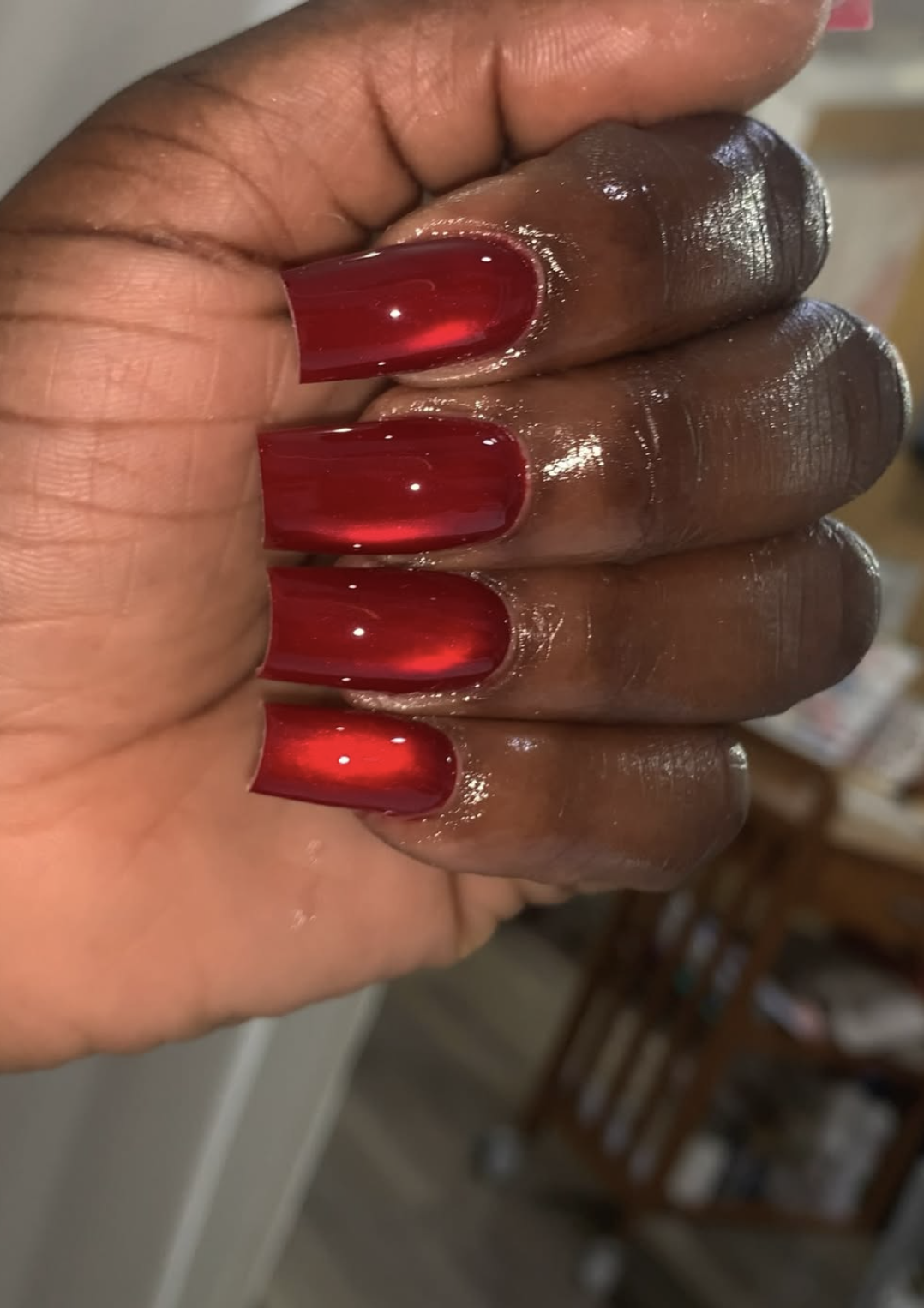 Red and nude half-moon manicure nail design