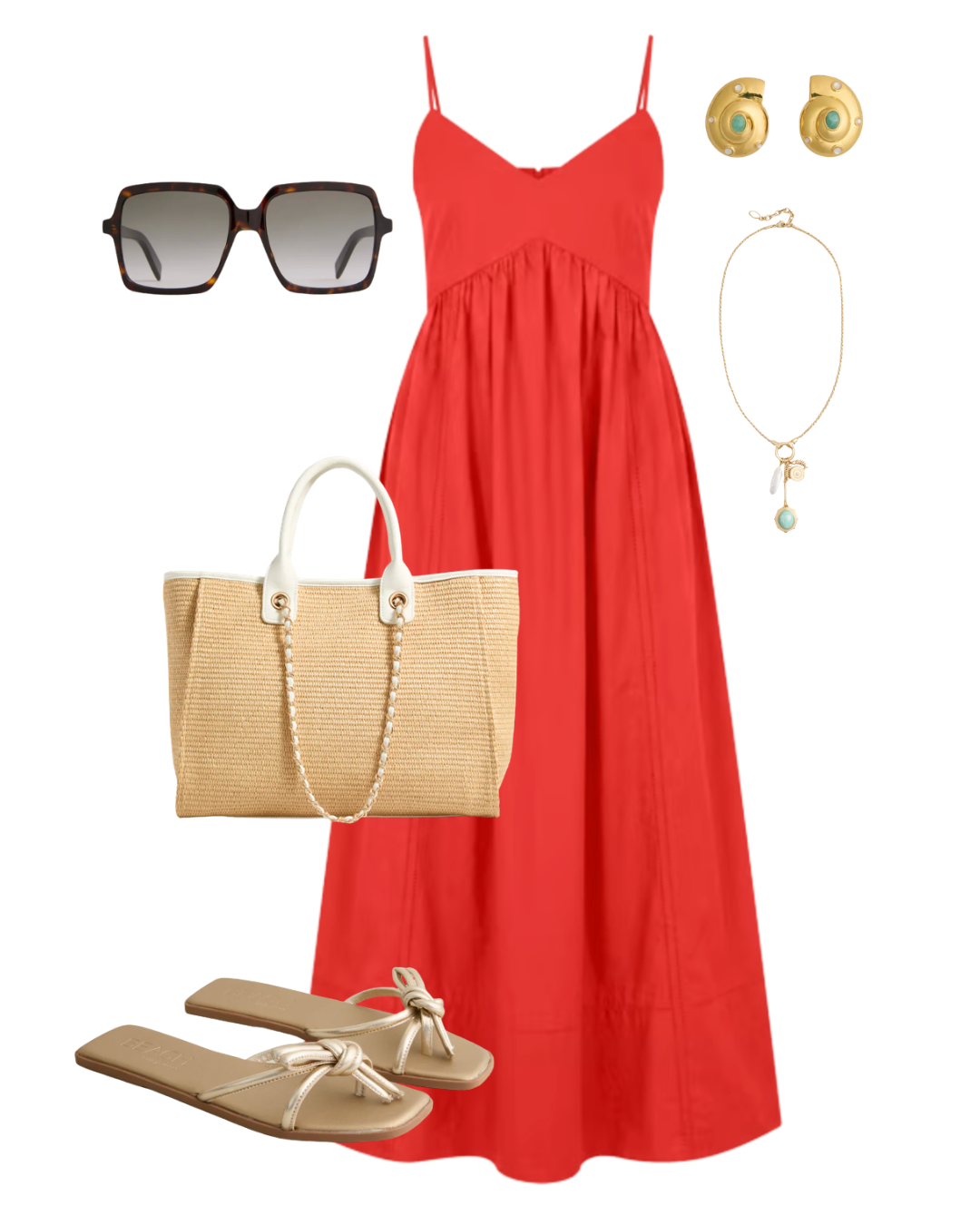 A chic cruise embarkation day outfit flat lay featuring a vibrant red midi sundress, a neutral straw tote bag with cream handles, tan knot slide sandals, and tortoiseshell sunglasses.