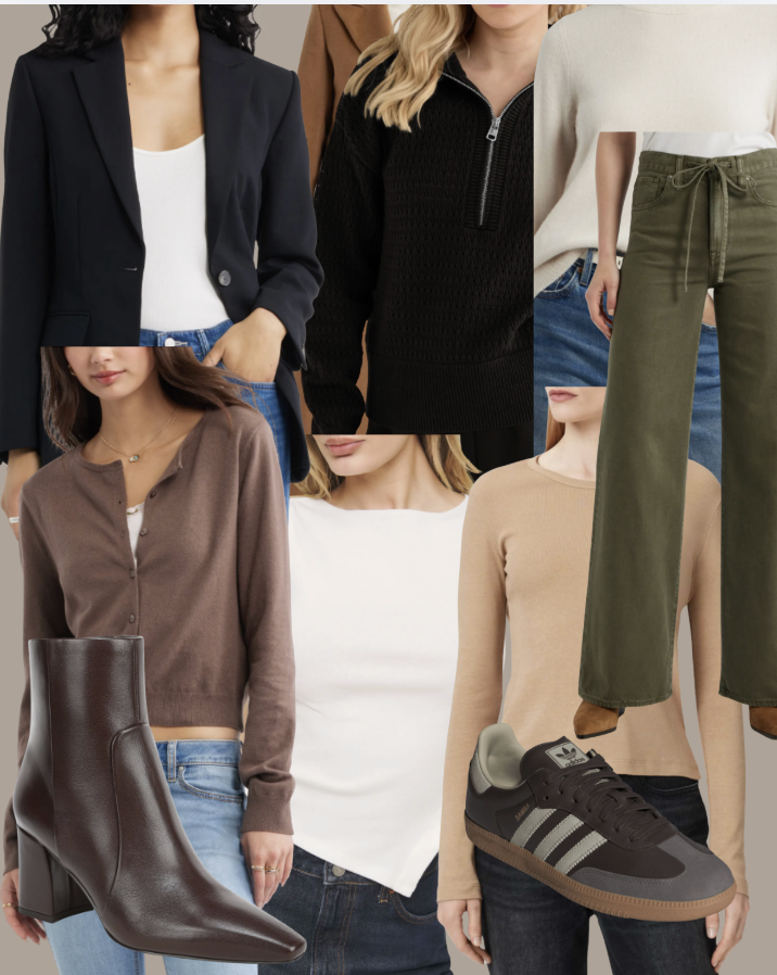 A collage previewing a 15-piece fall capsule wardrobe from the 2026 Nordstrom Anniversary Sale, showcasing a curated palette of navy, oatmeal, espresso, and olive green clothing items.