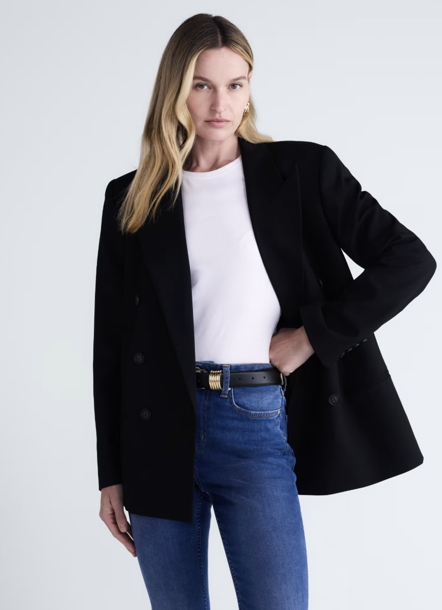 Scoop double-breasted blazer with notched lapels.