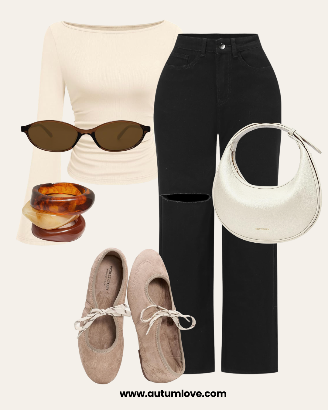A style guide featuring black wide leg jeans with a ripped knee, a cream off-the-shoulder long-sleeve top, tan lace-up flats, tortoise shell sunglasses, and a white crescent bag.