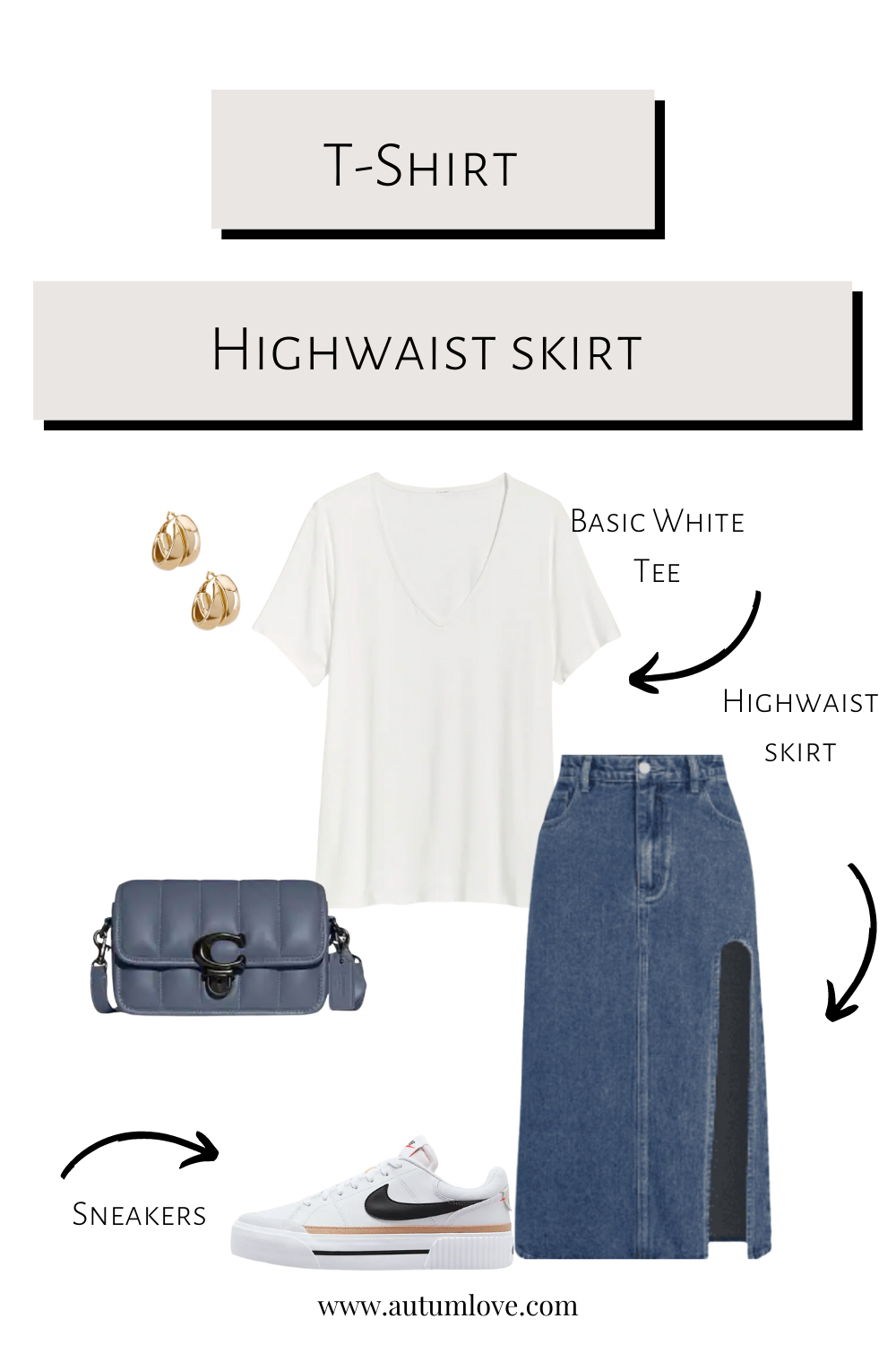 Stylist outfit guide featuring a white t-shirt French-tucked into a high-waisted denim maxi skirt, styled with white Nike sneakers and a quilted blue crossbody bag.