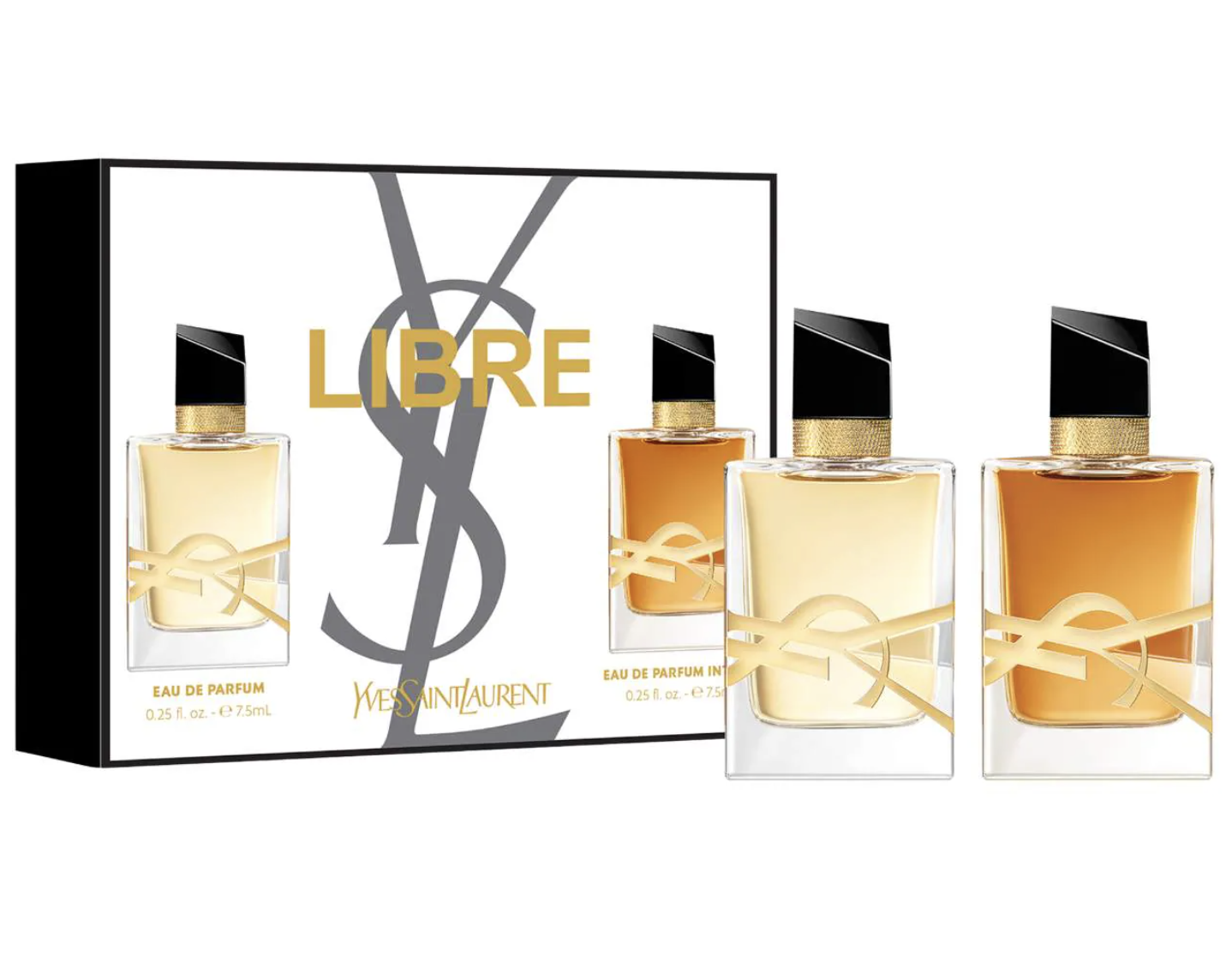Yves Saint Laurent Libre Mini Perfume Duo gift set featuring two miniature fragrance bottles inside a white box with silver YSL branding.