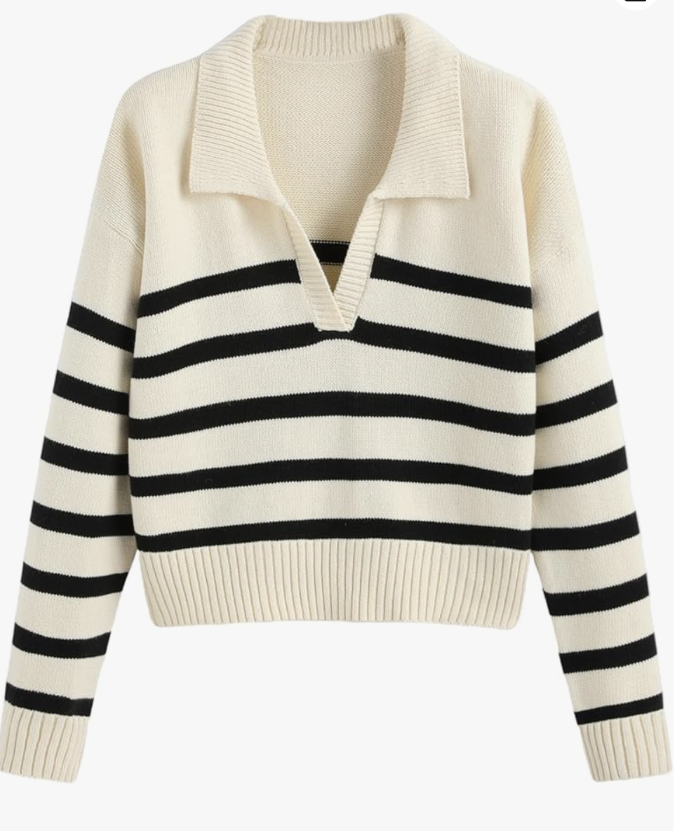 A product photo of a cream and black Striped Collared Lightweight Long Sleeve V Neck Pullover from Amazon, featuring a polo-style collar and a relaxed knit.