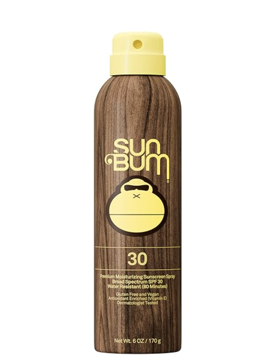 A bottle of Sun Bum SPF 30 Premium Moisturizing Sunscreen Spray.