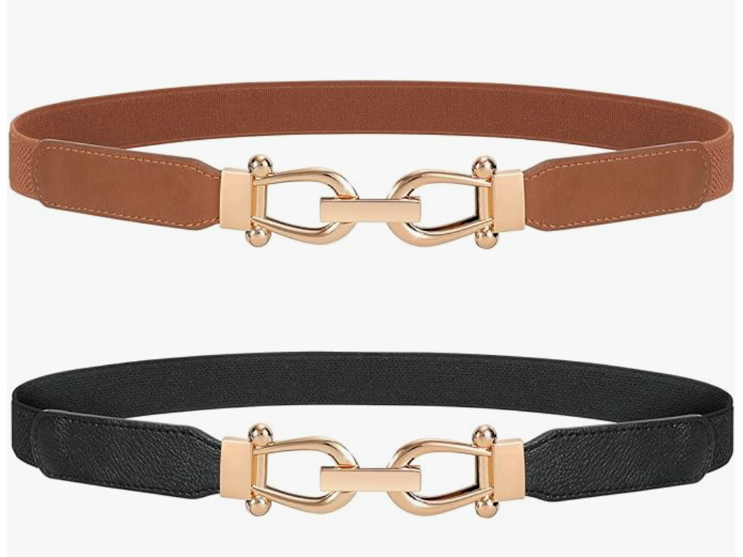 A set of two stretchy retro elastic skinny belts in black and brown with gold interlocking buckles, perfect for cinching dresses or blazers in a professional work wardrobe.