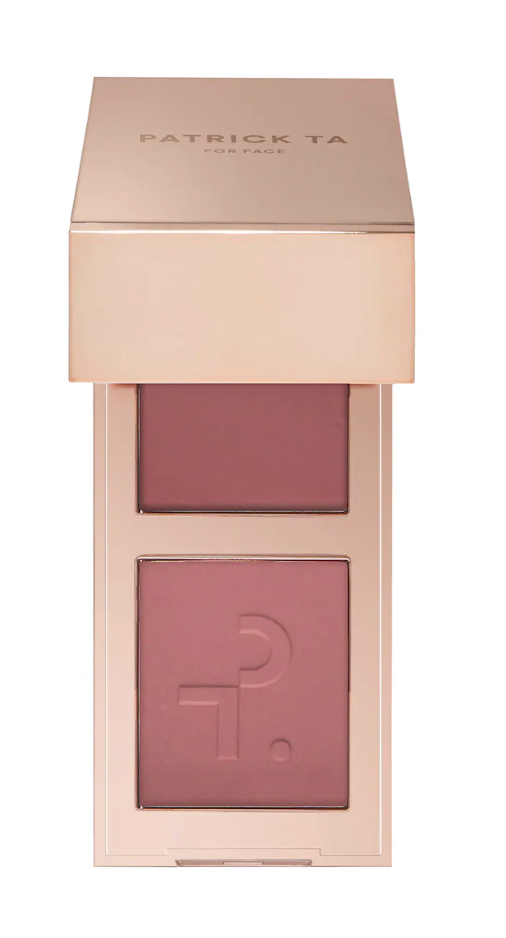 A rose gold Patrick Ta Major Headlines Double-Take compact showing a deep berry-toned cream blush on top and a matching powder blush on the bottom.