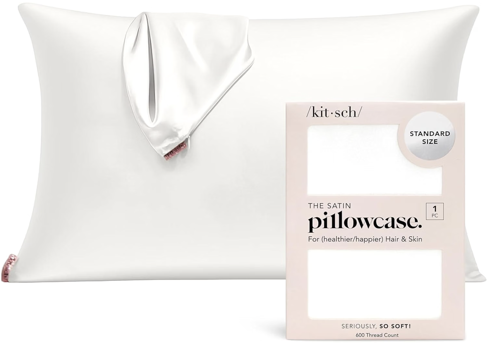 Ivory Kitsch standard-size satin pillowcase with a zipper