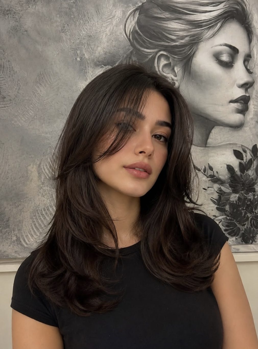 A woman with dark brown fine hair styled in a soft butterfly haircut with face-framing fringe and subtle layers.
