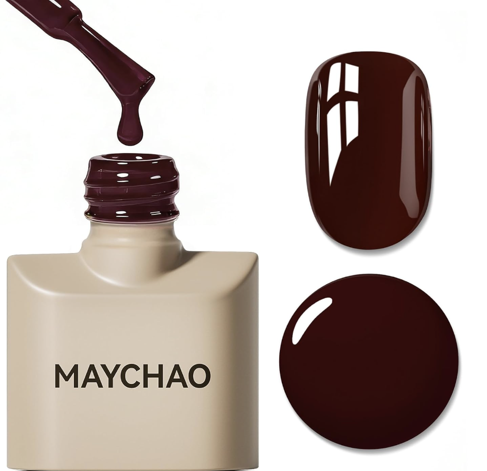 A bottle of MAYCHAO deep cherry red gel nail polish with swatches showing its rich, high-gloss burgundy finish.