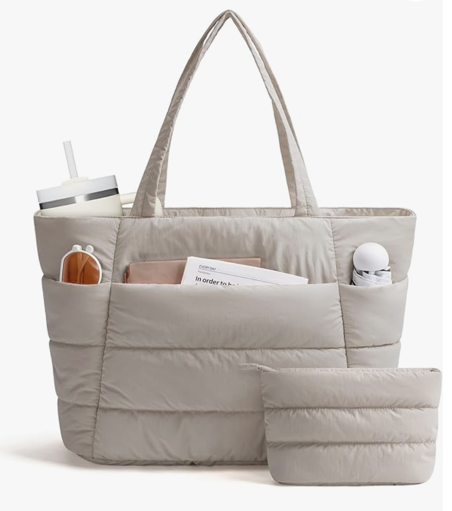 Lightweight quilted nylon puffer tote bag with multiple exterior zippered pockets.