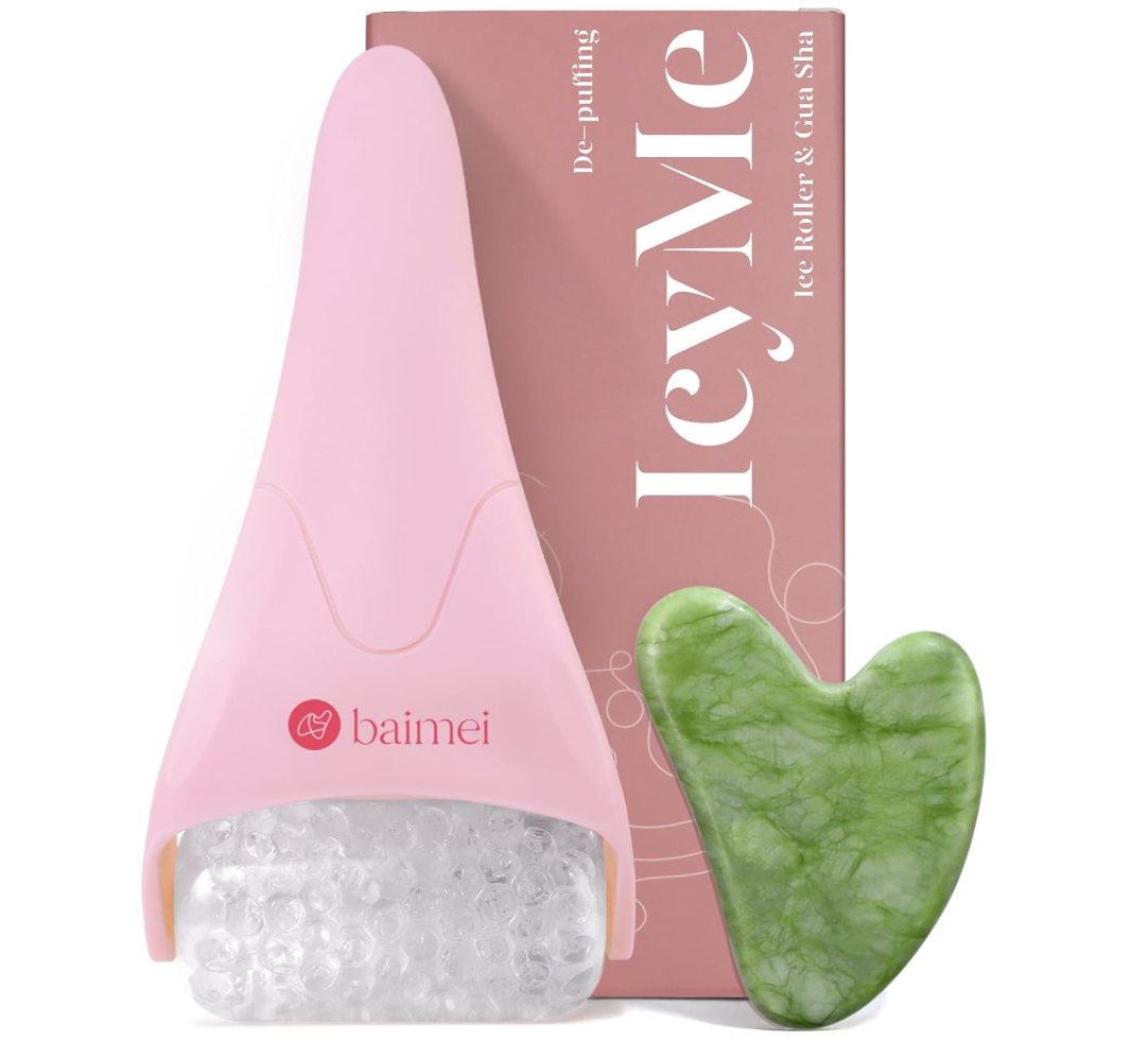 A beauty tool set featuring a pink BAIMEI ice roller for facial puffiness and a heart-shaped green jade gua sha tool for facial contouring, shown with its product packaging.
