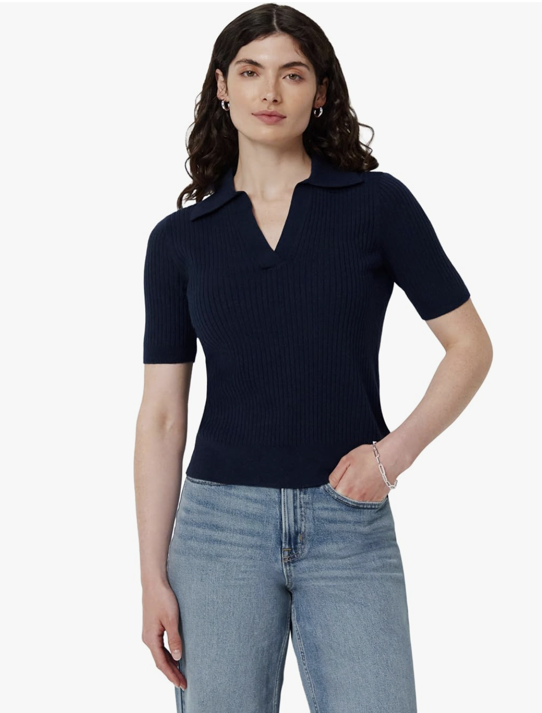 Navy Amazon Essentials ribbed short-sleeve sweater with a polo collar.