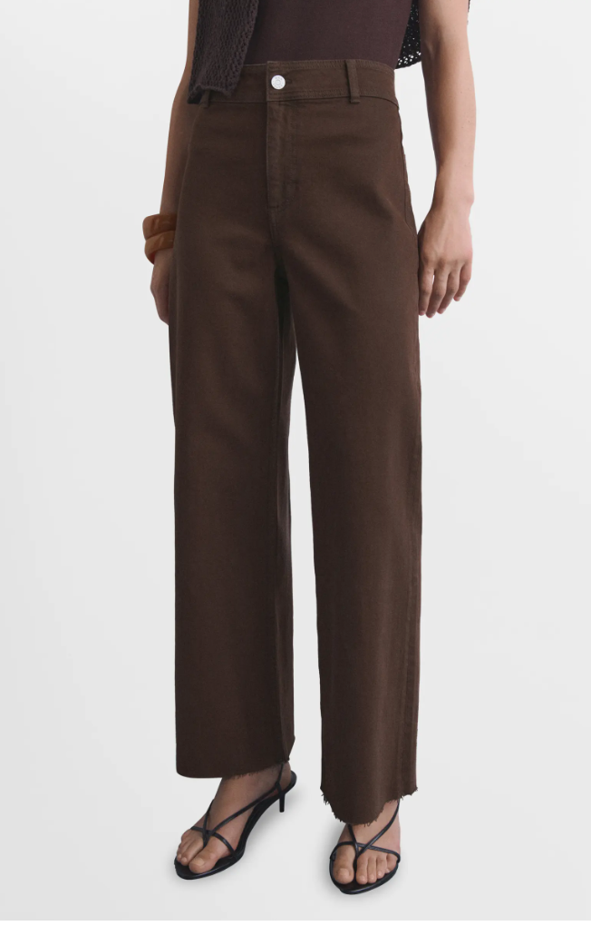 Dark brown wide-leg culotte jeans with a frayed hem, styled with black strappy sandals to show a modern way to wear brown trousers.