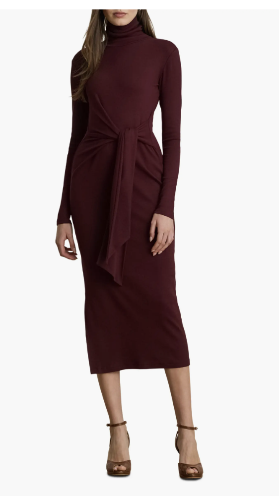 Lauren Ralph Lauren long-sleeve turtleneck tie-front burgundy dress paired with ankle-strap heels
