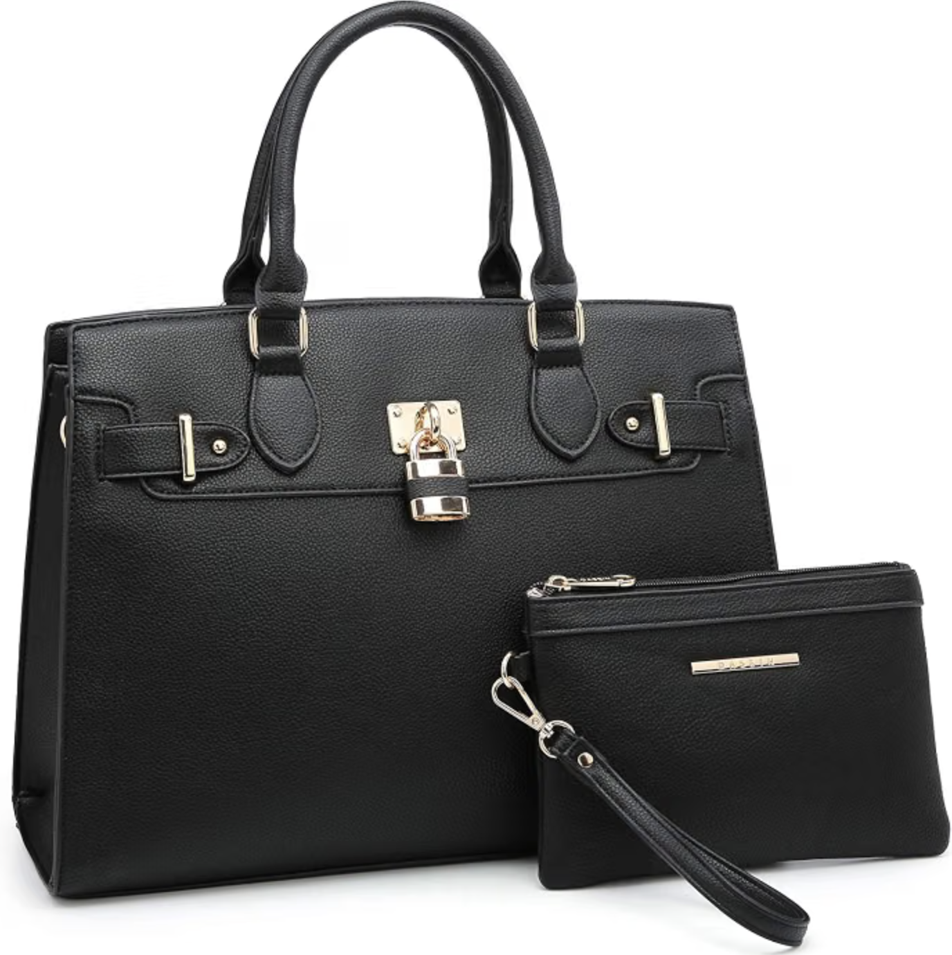 Dasein black structured satchel tote with matching clutch and gold hardware