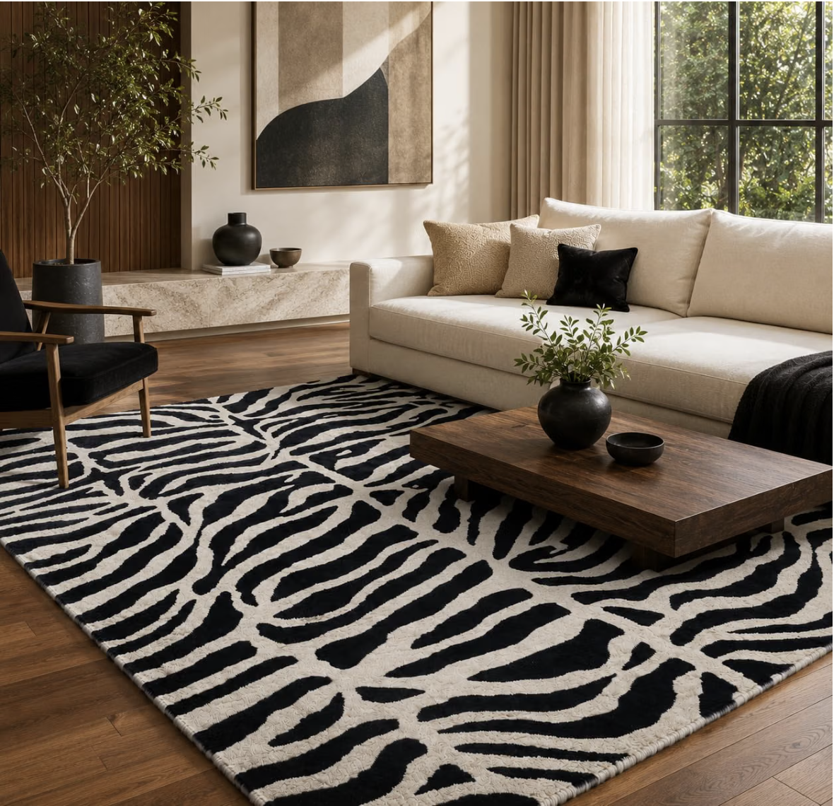 Black and white zebra-print hand-tufted wool area rug
