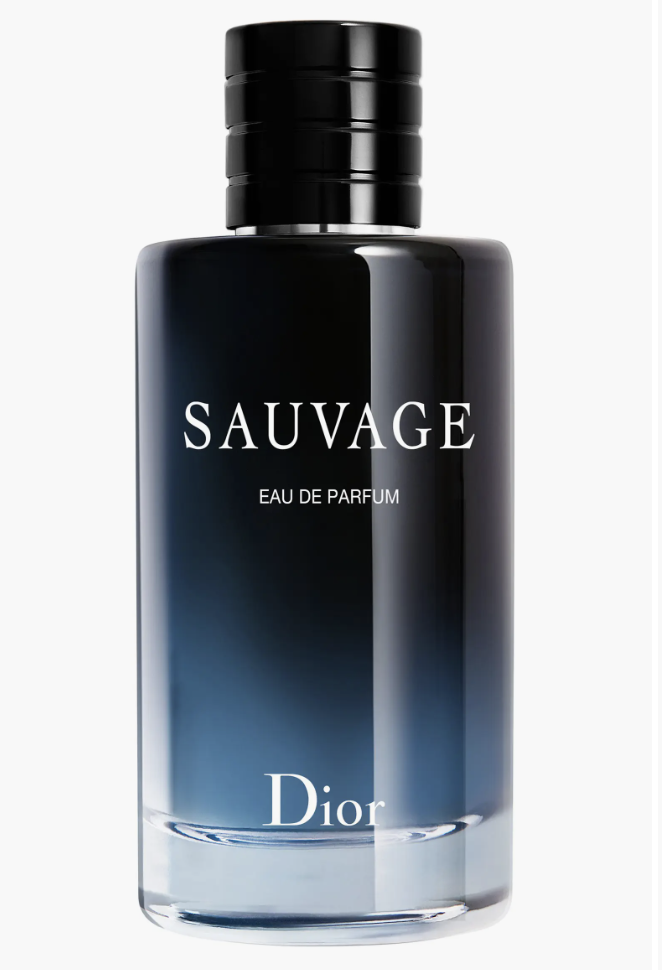 A close-up shot of a luxury bottle of Dior Sauvage Eau de Parfum for men, featuring its signature dark blue-to-black gradient glass bottle and magnetic black cap.