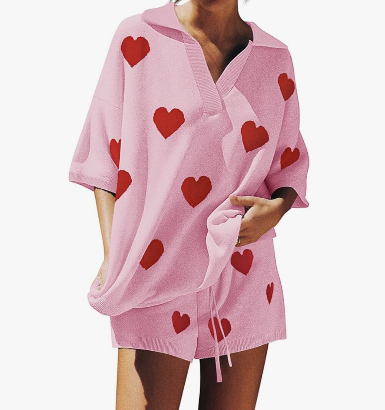 Oversized 3/4 Sleeve V Neck Knit Tops High Waisted Shorts Lounge Set