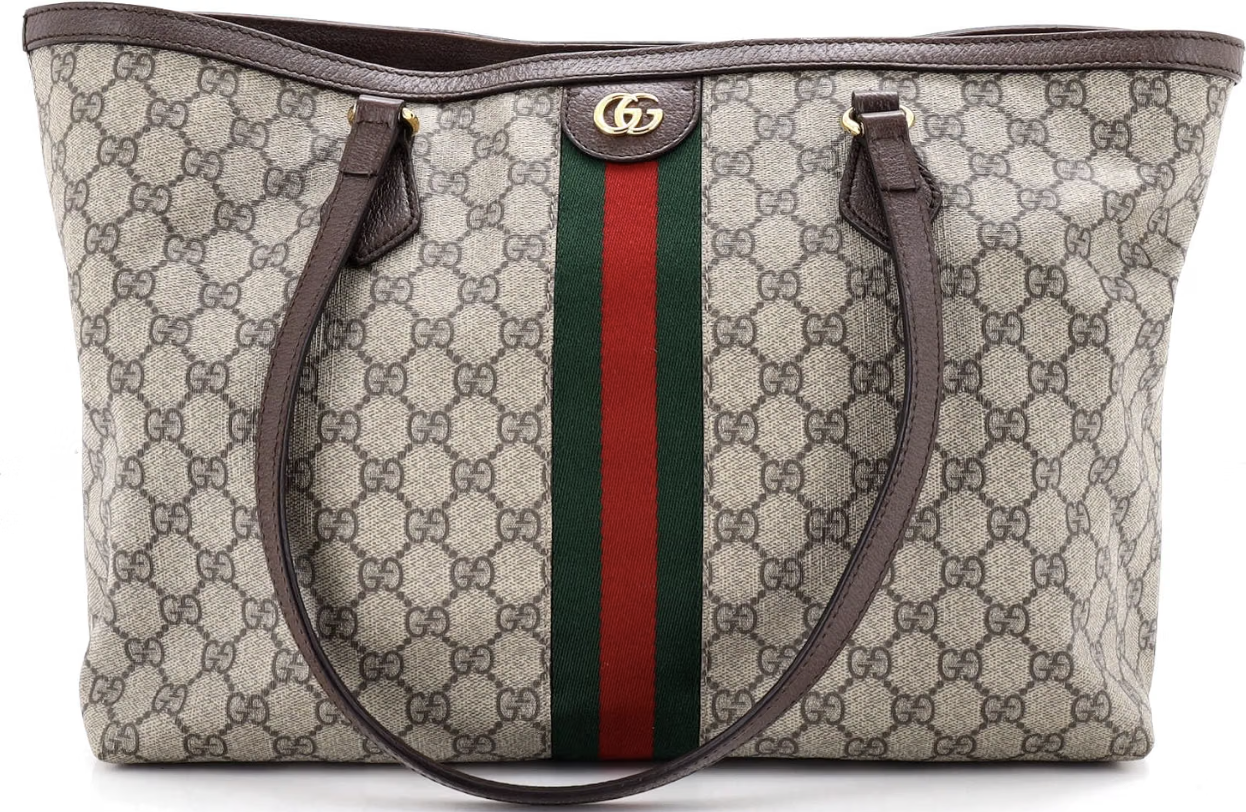 Pre-loved Gucci Ophidia GG coated canvas shopping tote in brown with web stripe detail
