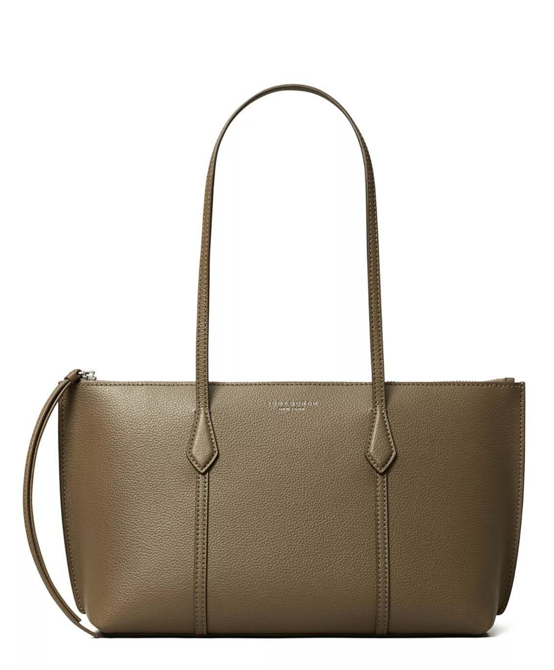 Tory Burch Perry Small Triple-Compartment Tote in light umber pebbled leather featuring a gold embossed logo and matching top handles.