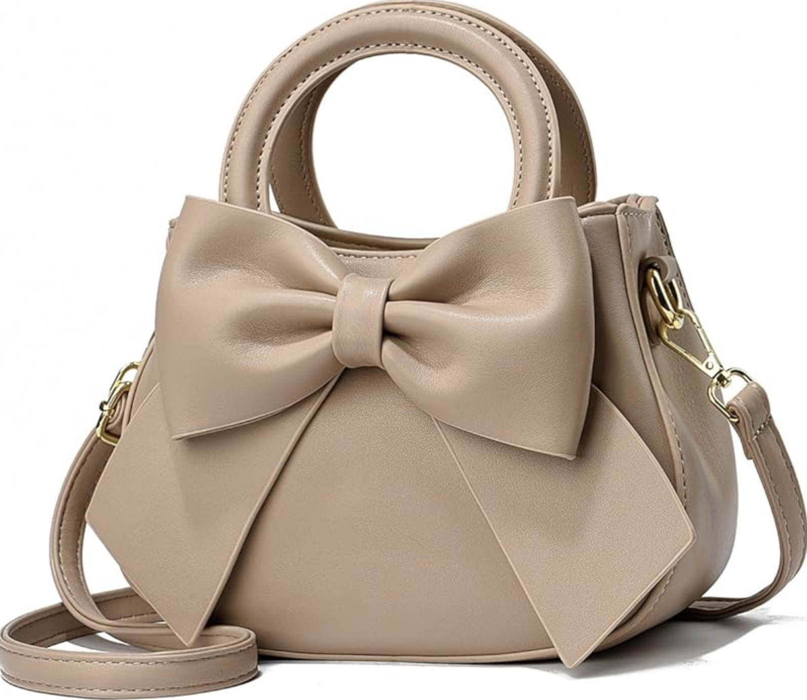 A daintily designed beige small bow knot handbag with a top carry handle and a textured finish.