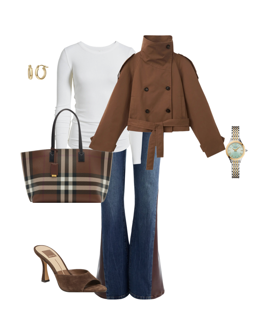 Brown flare jeans with a fitted tee and a long trench coat