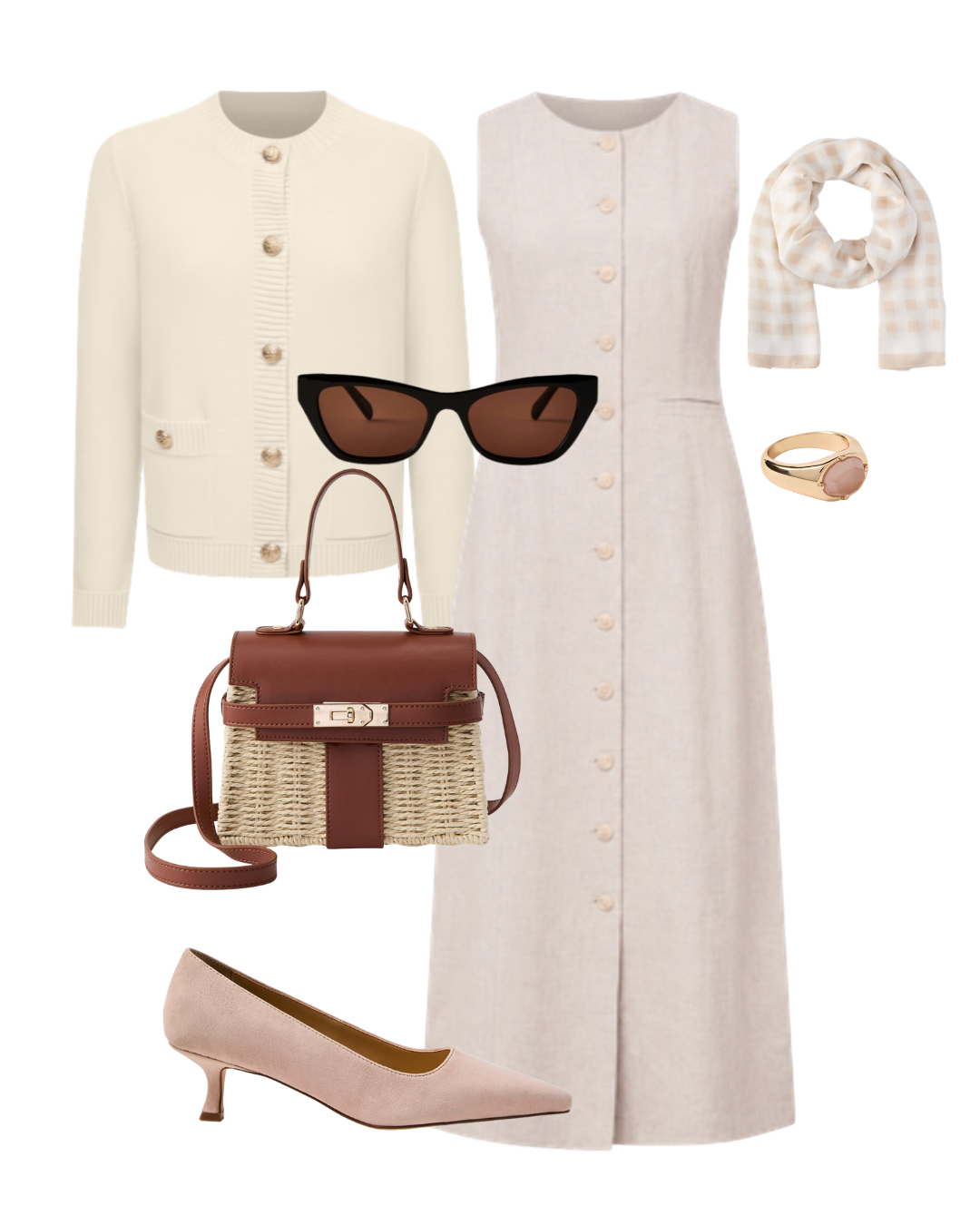 Flat lay of a beige midi dress, white cropped jacket, brown handbag, and pink kitten heels.