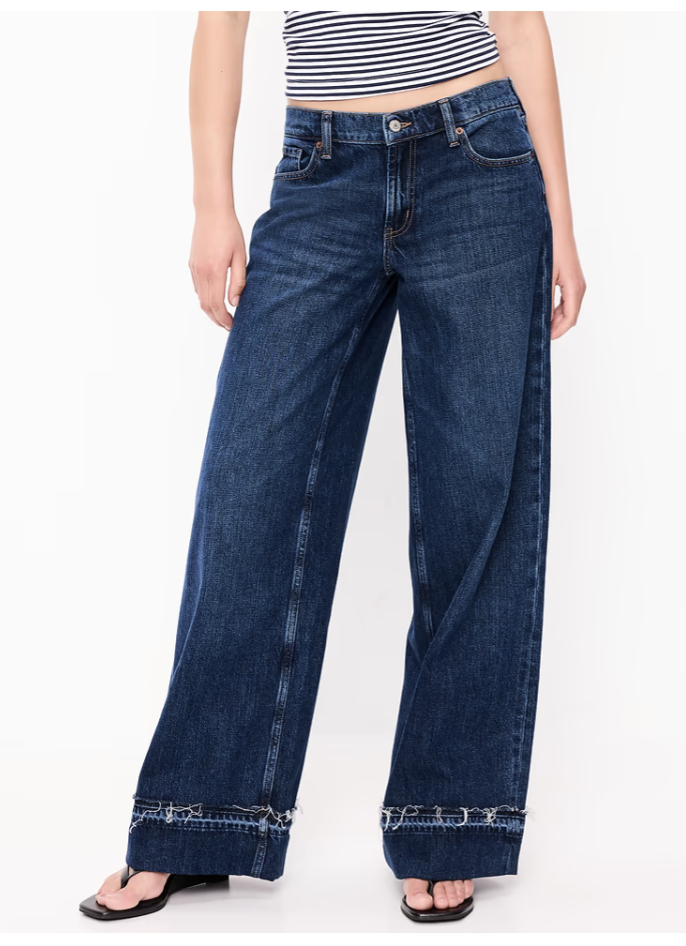 Woman wearing Old Navy low-rise baggy wide-leg jeans in a relaxed outfit.