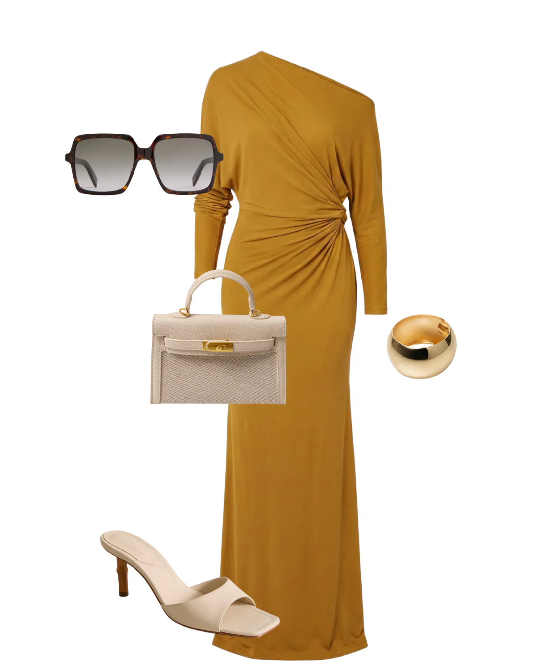 A curated cruise capsule wardrobe layout showing a chic draped ochre yellow dress, a structured neutral mini bag, oversized square sunglasses, and minimalist gold jewelry for a ship dining room dress code.