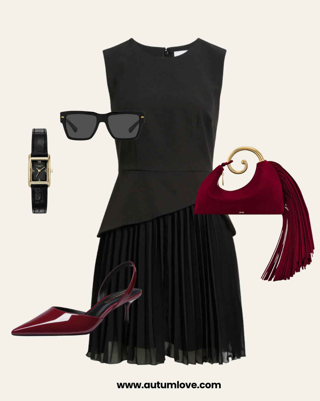 Graphic showing how to wear kitten heels with a sleeveless pleated little black dress, burgundy slingback heels, a matching burgundy handbag, and black sunglasses.