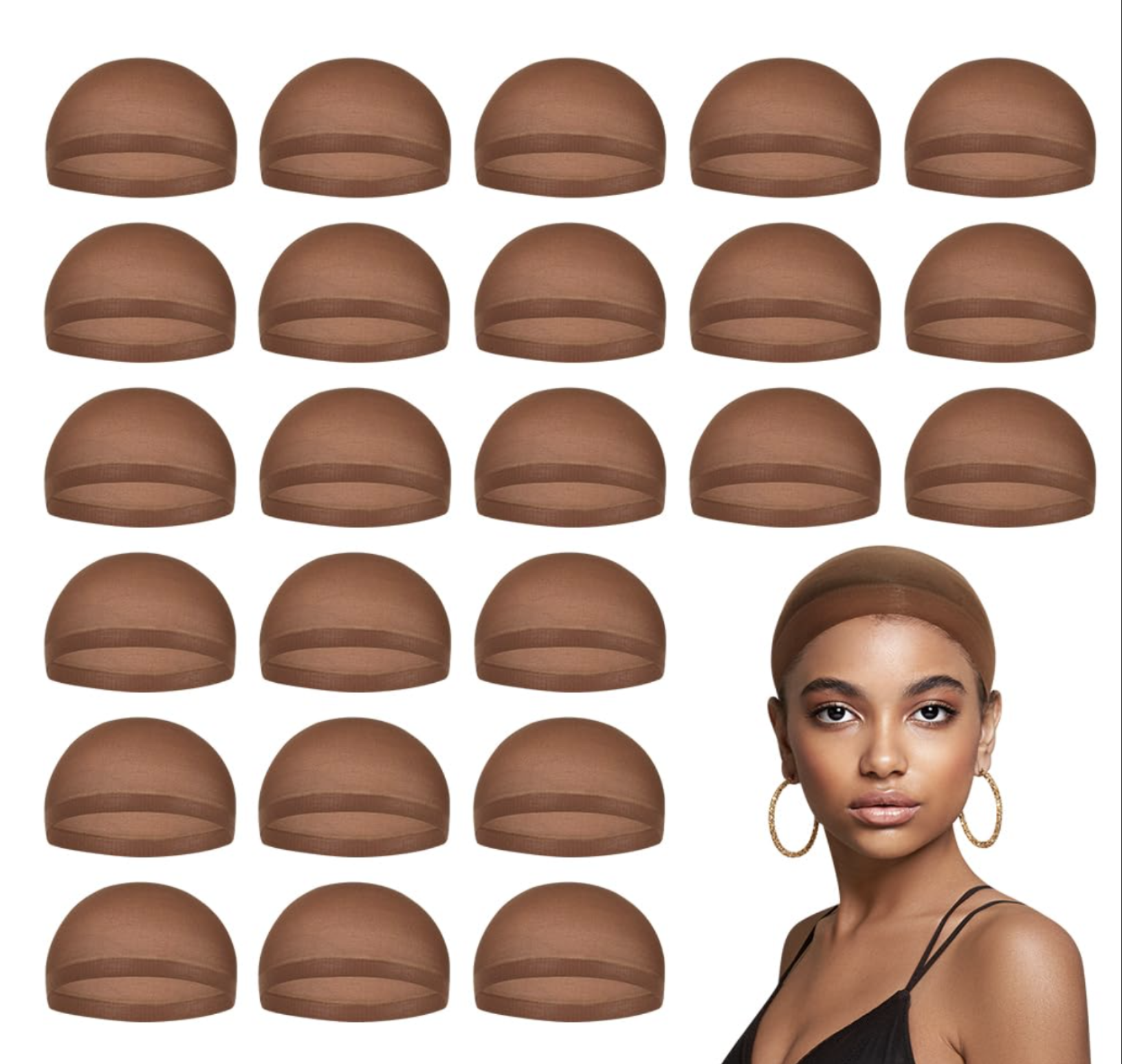 Multipack of MYKURS dark brown stocking wig caps beside a woman wearing one with gold hoop earrings.