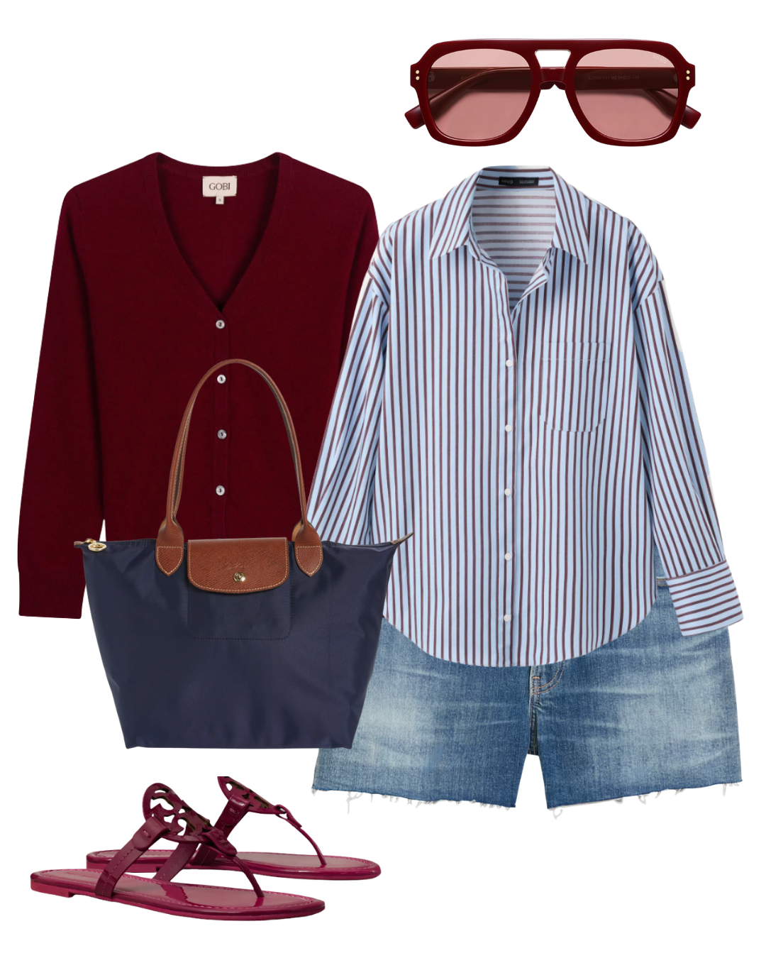 Flat-lay of an elevated summer outfit featuring classic denim shorts, a blue and white striped button-down shirt, a burgundy cardigan, a navy nylon Longchamp tote bag, and matching burgundy strappy sandals.